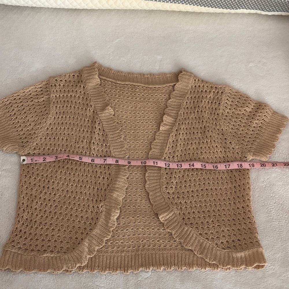Beige Openwork Short-Sleeve Shrug - Women's Sweater - Picture 5 of 11